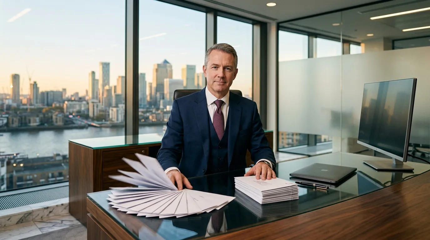 Homme d'affaires en costume travaillant à son bureau avec vue urbaine