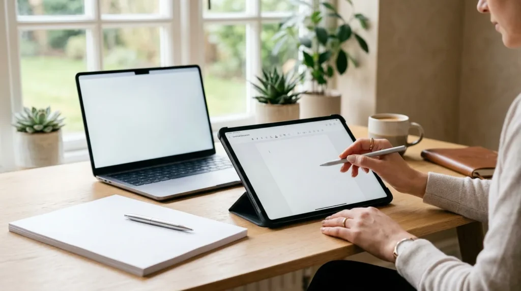 Femme travaillant sur tablette et ordinateur portable au bureau