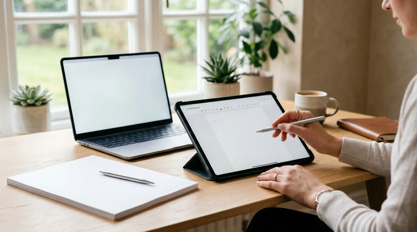 Femme travaillant sur tablette et ordinateur portable au bureau