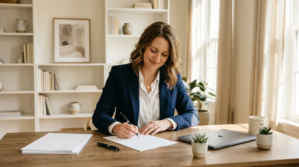 Femme en blazer bleu écrivant à son bureau moderne et lumineux