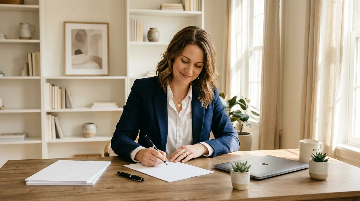 Femme en blazer bleu écrivant à son bureau moderne et lumineux