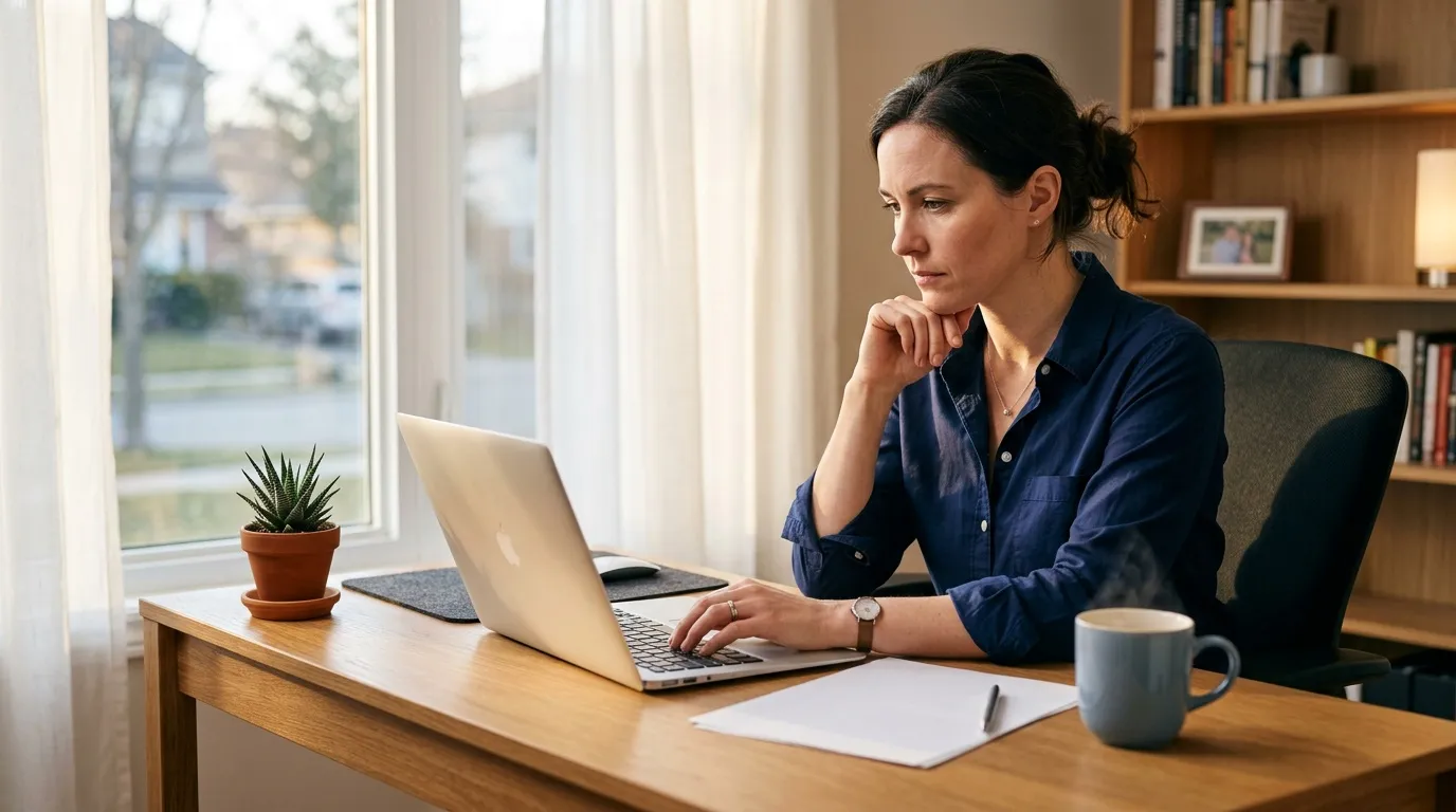 Femme en chemise bleue travaillant sur un ordinateur portable à son bureau