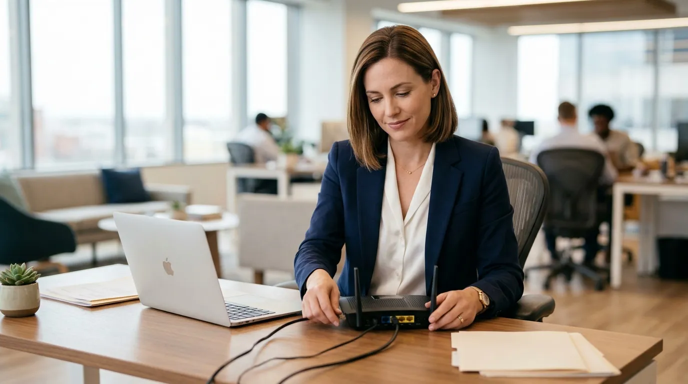 Femme d'affaires utilisant un routeur réseau au bureau