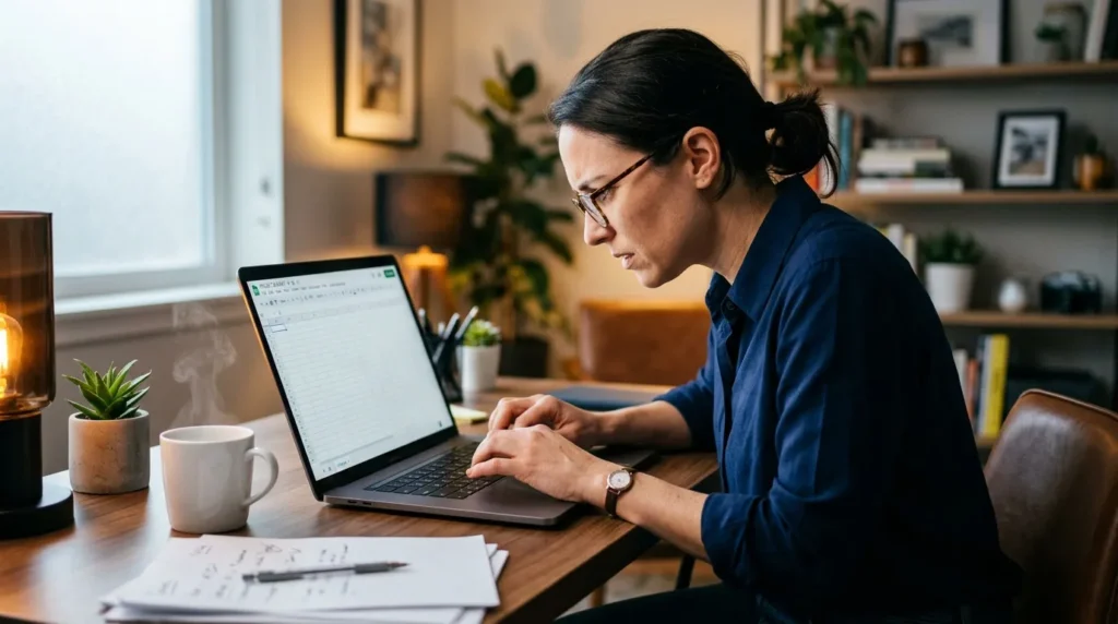 Femme avec lunettes travaille sur laptop à son bureau