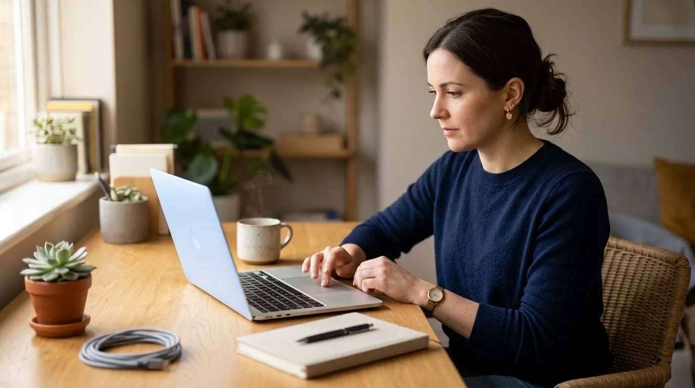 Femme en pull bleu foncé travaille sur laptop à son bureau