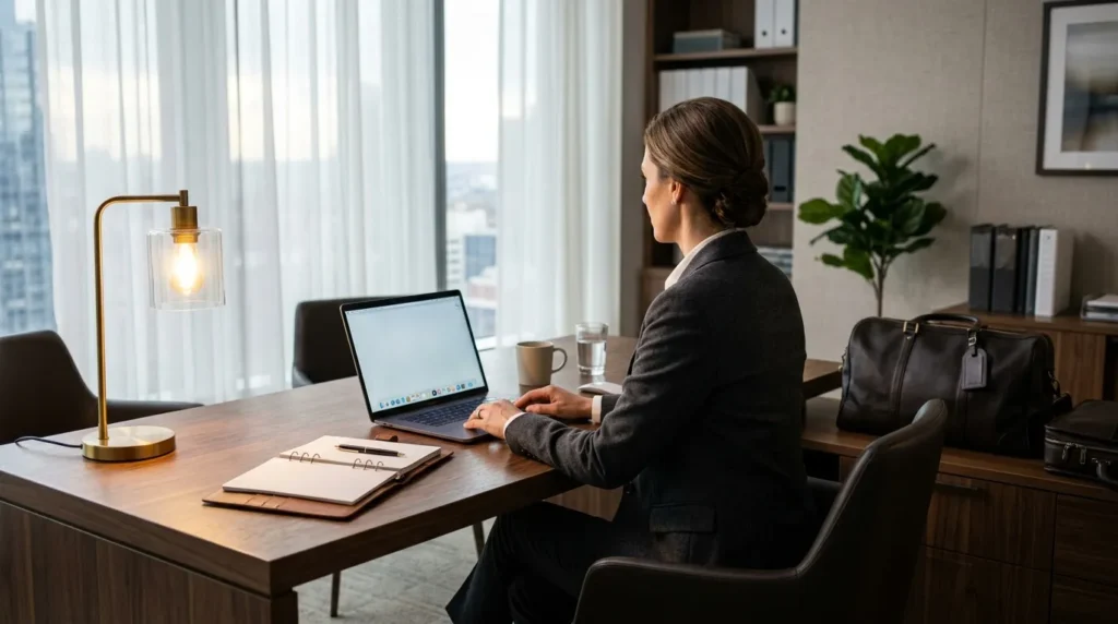 Femme d'affaires utilisant un ordinateur portable au bureau